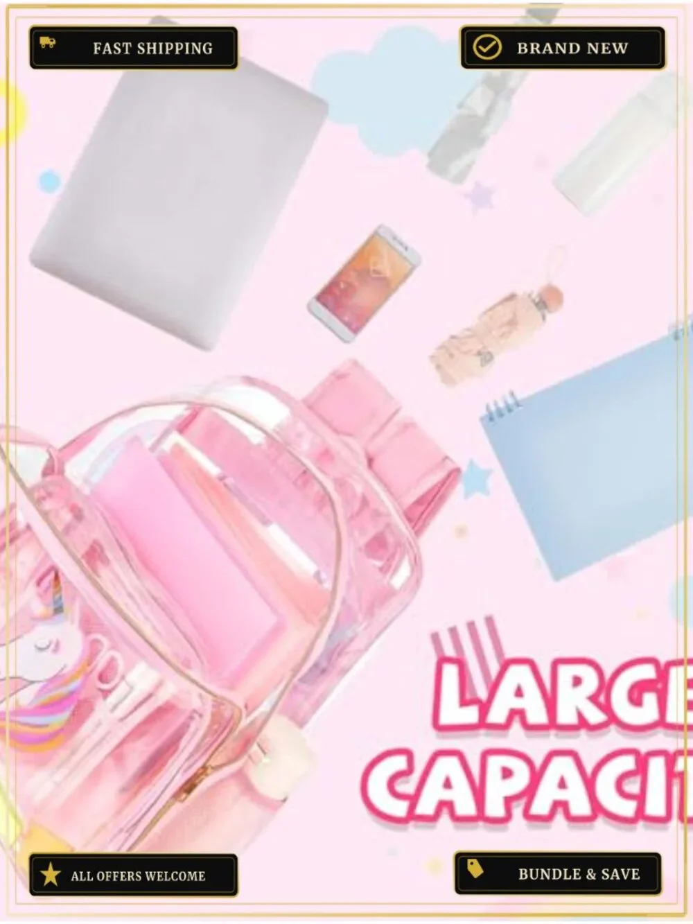 Clear Unicorn Backpack Set for Girls - PVC Stationery Kit with Lunch Bag Pencil